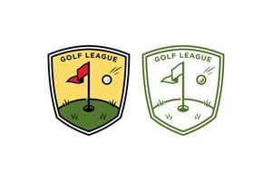 golf veld- met vlag en golf bal in schild logo vector verzameling voor golfspeler, golf sport en kampioen