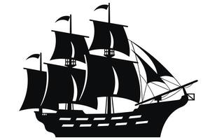 silhouet van een piraat schip, piraat boten en oud verschillend houten schepen met fladderend vlaggen vector