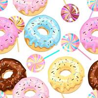 naadloos patroon van gekleurde donuts met suikerglazuur en chocolade met veelkleurig snoep. vectorillustratie geïsoleerd op een witte achtergrond. vector