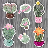 schattige kawaii cactussen in potten op een houten achtergrond. vector