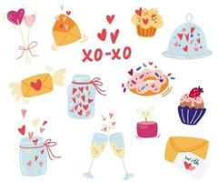 Valentijnsdag elementen instellen. champagne, harten, snoep, snoep, cakes, potten en inscriptie. perfect voor Valentijnsdag cadeau, stof, wenskaarten, uitnodiging. cartoon vectorillustratie. vector