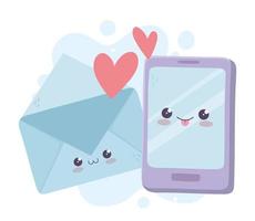 schattige smartphone en mail harten houden van kawaii stripfiguur vector