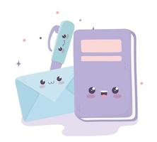 schattig boek envelop en pen kawaii stripfiguur vector