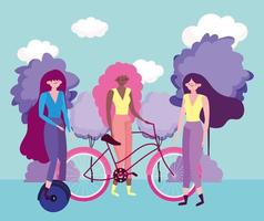 milieuvriendelijk vervoer, groepsvrouwen met en fietskarakters vector