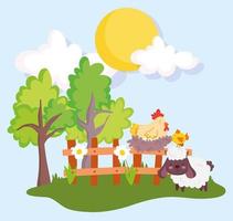 boerderijdieren kip kippennest in houten hek en geitencartoon vector