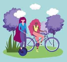 milieuvriendelijk vervoer, vrouwen met eenwieler en fiets stripfiguren vector