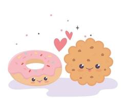 schattig koekje en donut liefde harten kawaii stripfiguur vector