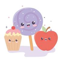 schattig appelsnoepje in stick en cupcake kawaii stripfiguur vector