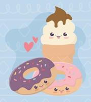 schattige zoete donuts en ijs kawaii stripfiguur vector