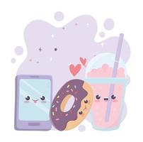 smartphone donut en kawaii stripfiguur vector