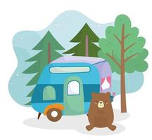 camping schattige beer trailer pijnbomen bos cartoon vector