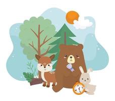 camping schattige beer herten konijn kompas lantaarn bomen zon cartoon vector