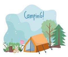 camping konijn tent laarzen kompas bloem bos bomen cartoon vector