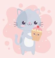 schattige kleine kat en cupcake kawaii stripfiguur vector