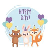fijne dag, beer konijn en vos met feestmuts ballonnen vector