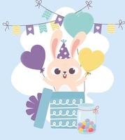 gelukkige dag, konijn met hoed komt uit geschenkdoos met ballonnen vector