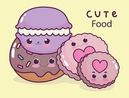 schattig eten macaron donut en koekjes zoet dessert gebak cartoon vector