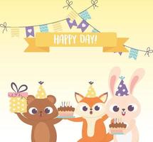gelukkige dag, vos konijn en beer met hoeden taarten cadeau vector