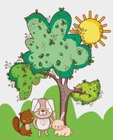 schattige dieren, eekhoorn konijn en hond gras boom zon cartoon vector