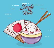 kawaii rijst in kom sticks eten Japanse tekenfilm, sushi en broodjes vector