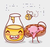 ontbijt schattige wafel met jam en honing fles vliegende bijen cartoon vector