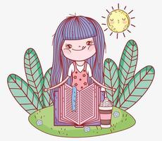 schattig meisje met smoothie en gestapelde boeken in gras natuur vector