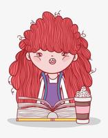 schattig meisje hairred met smoothie en boek cartoon vector