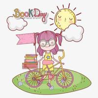 schattig meisje met boeken in fiets met buitencartoon vector