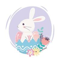 fijne paasdag, schattig konijn in eierschaal eieren bloemen decoratie vector