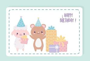gelukkige verjaardag schapen beer met geschenken en feestmutsen viering decoratie kaart vector