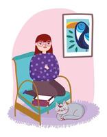 jonge vrouw zittend in stoel boek kat en muur, boek dag vector