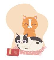 katten maken me blij, schattige katten in kussen met cartoon met voedseldoos vector