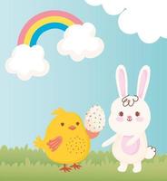 happy easter kip met ei en konijn gras regenboog decoratie vector