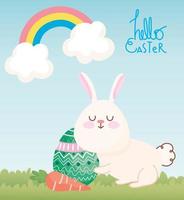 gelukkig Pasen schattig konijn met wortel en eierdecoratie vector