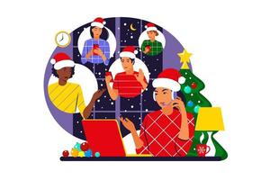 vrienden vieren kerst en nieuwjaar. thuis online feest. meisje in een kerstmuts communiceert met klanten. vector. vlak. vector