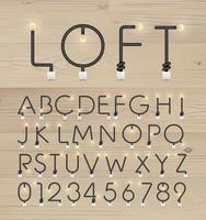 set van Alfabetletters en cijfers. abstracte alfabet van gloeilamp en lichtschakelaar op hout achtergrond. vector. vector