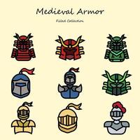 middeleeuws schild bewerkbare pictogrammen reeks gevulde lijn stijl. met divers vormen. schild, samoerai, ridder, helm, strijder. gevulde verzameling vector