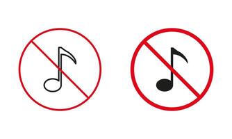 stilte zone. musical Notitie verbieden lijn en silhouet pictogrammen. Nee muziek- toegestaan waarschuwing teken set. Nee geluid Oppervlakte, niet plaats voor zingen muziek- rood cirkel symbool. geïsoleerd vector illustratie