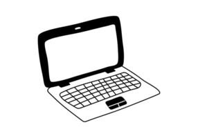 hand- getrokken tekenfilm illustratie van schets Open laptop. schattig tekening gemakkelijk lijn kunst. vlak vector computer sticker, icoon of afdrukken. geïsoleerd Aan wit achtergrond.