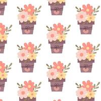bloemen in een pot in vlak stijl. patroon met bloem pot. voorjaar achtergrond. naadloos patroon met Pasen mand. naadloos patroon voor textiel, omhulsel papier, achtergrond. vector