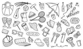 picknick zomer tekening set. mand, fruit, wijn, barbecue, badminton, kamp, thermosfles in schetsen stijl. hand- getrokken vector illustratie