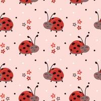naadloos patroon met schattig tekenfilm lieveheersbeestje, bloem en polka punt Aan roze achtergrond. vector illustratie