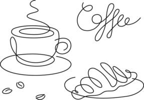 een lijn elegant modieus icoon zwart wit geïsoleerd tekening nog steeds leven koffie kop met croissant vector