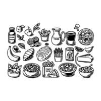hand- getrokken snel voedsel tekening naadloos patroon. zwart en wit inkt illustratie. vector