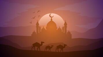 Ramadan landschap vector illustratie. moskee silhouet Bij nacht met kameel in woestijn. moskee landschap voor illustratie, achtergrond of Ramadan. eid mubarak landschap voor Ramadan evenement