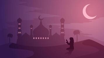 Ramadan landschap vector illustratie. moskee silhouet Bij nacht met bidden moslim in de woestijn. moskee landschap voor illustratie, achtergrond of Ramadan. eid mubarak landschap voor Ramadan evenement
