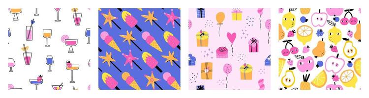 reeks van patronen met ijs room, drankjes, cadeaus en vruchten. viering, verjaardag, zomer. vector illustratie in vlak stijl.