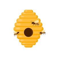 geel bij bijenkorf Aan een wit achtergrond. bij bijenkorf isoleren. bij huis met een circulaire Ingang. insect leven in natuur. bijen in de buurt de bijenkorf. vector illustratie.