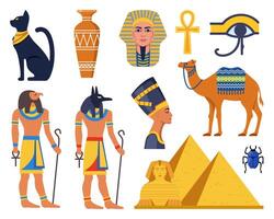 oude Egypte verzameling. goden, goden en mythologisch schepsels van Egyptische mythologie en geloof, heilig dieren, symbolen, architectuur en beeldhouwwerk. vector illustratie.