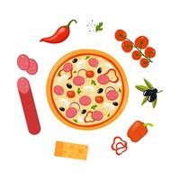 vers ronde pizza besnoeiing in driehoekig stukken en ingrediënten in de omgeving van. pizza met tomaat, kaas, olijf, worst, ui, peper. traditioneel Italiaans snel voedsel. top visie maaltijd. vector illustratie.